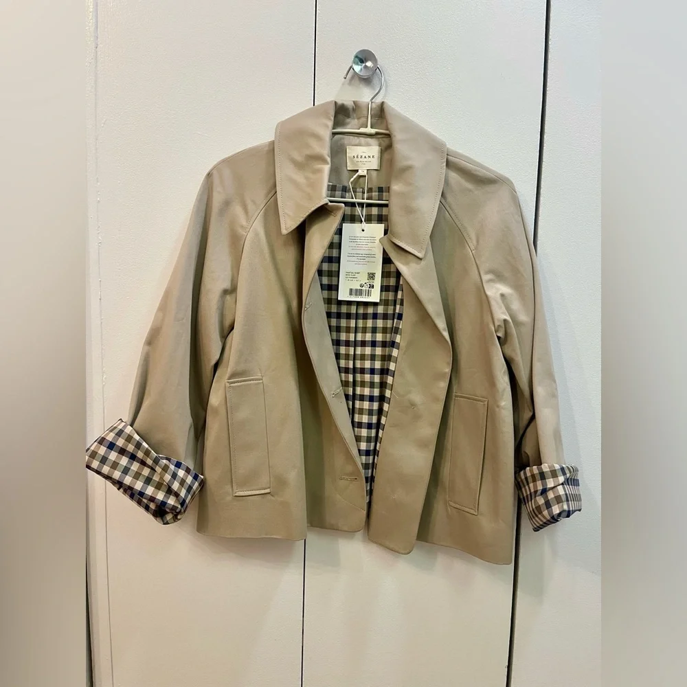 Sezane Bobby Jacket, Light Beige & Gingham, Oversized Cropped Trench, NWT Size 2 - Picture 6 of 16